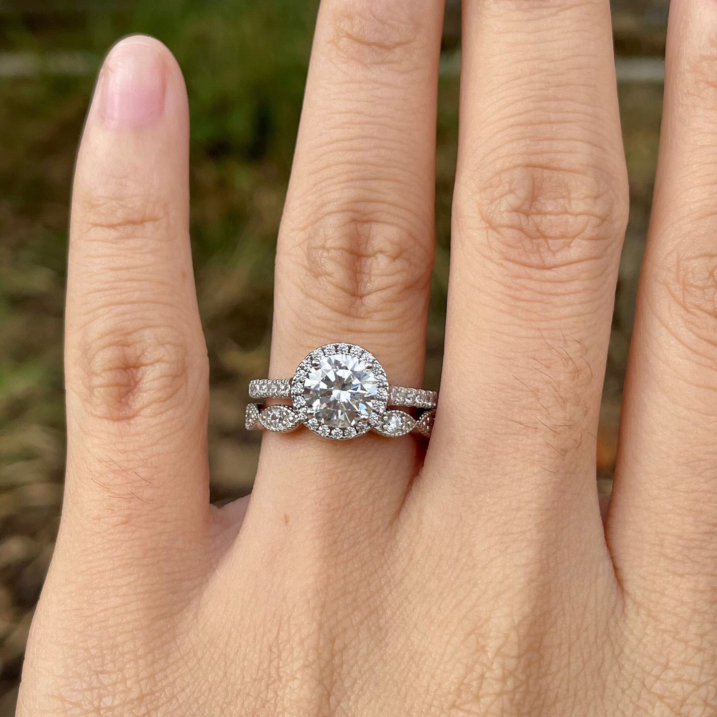 Halo Bridal Ring Set with 2.0 CT Round Cut Moissanite