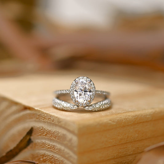 Halo Bridal Ring Set with 1.25 CT Oval Cut Moissanite