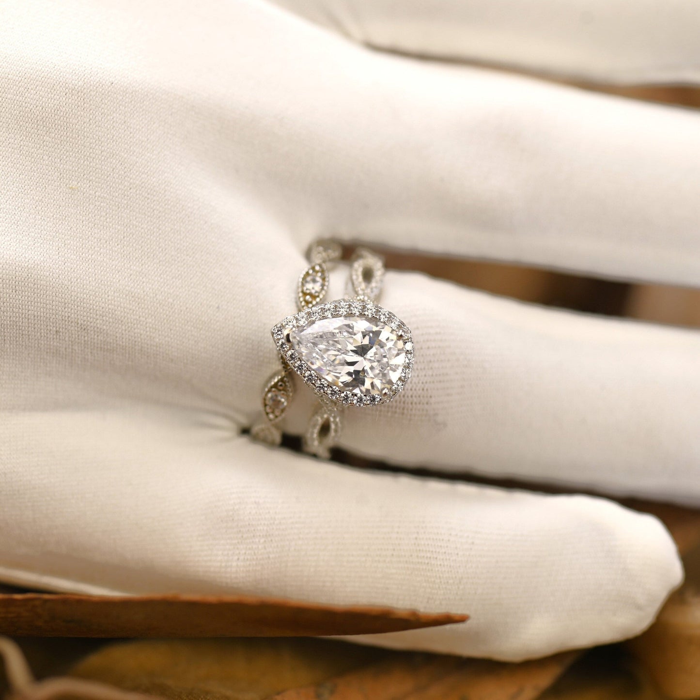 Halo Bridal Ring Set with 1.50 CT Pear Cut Moissanite
