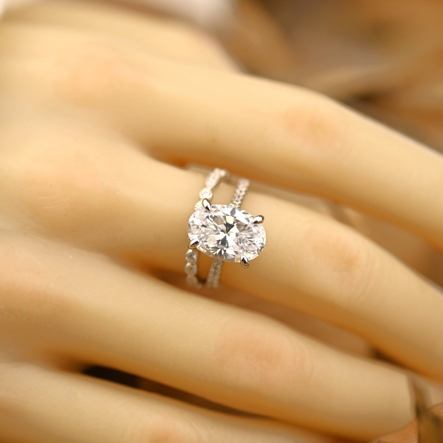 Pave Setting Bridal Ring Set with 2.0 CT Oval Cut Moissanite