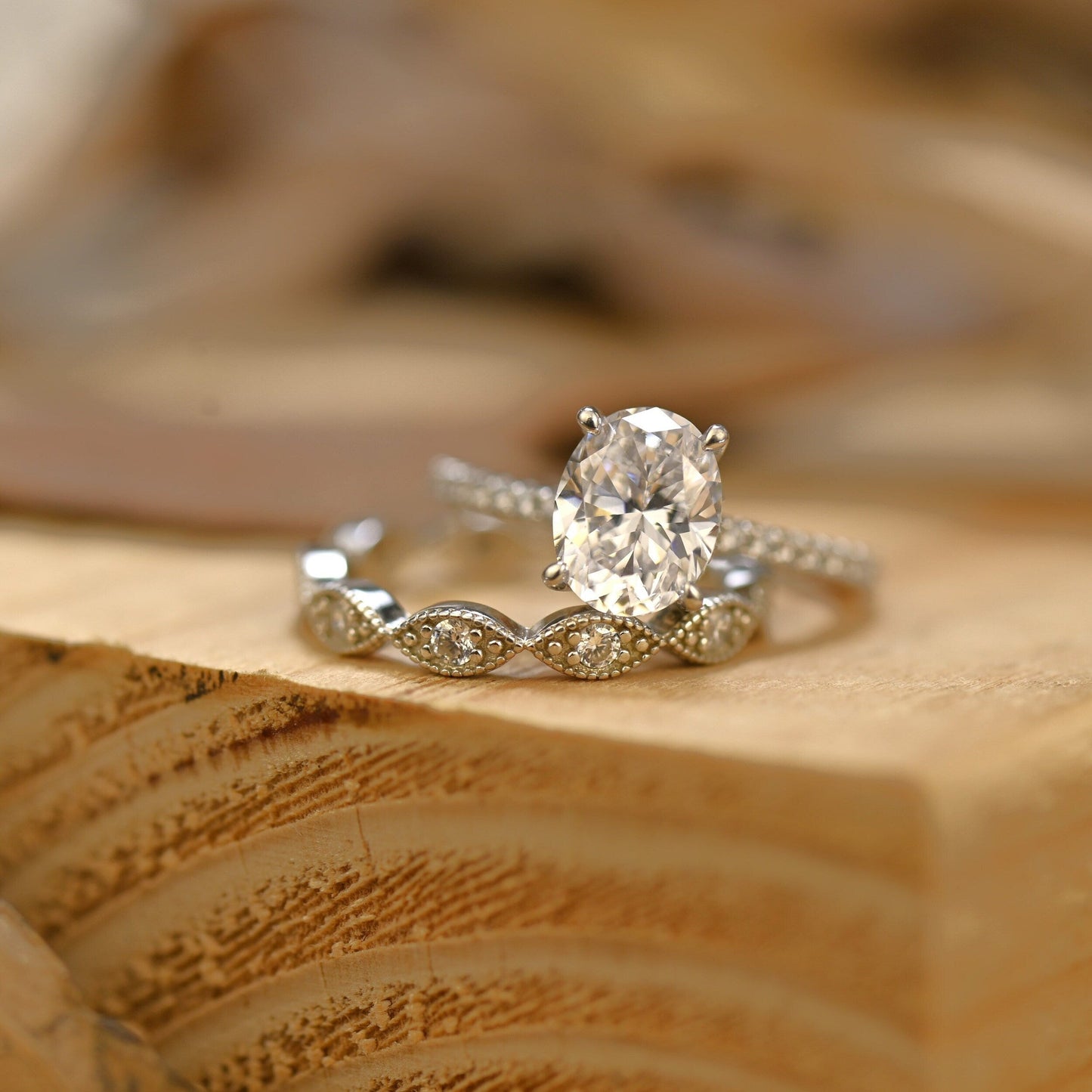 Pave Setting Bridal Ring Set with 1.50 CT Oval Cut Moissanite
