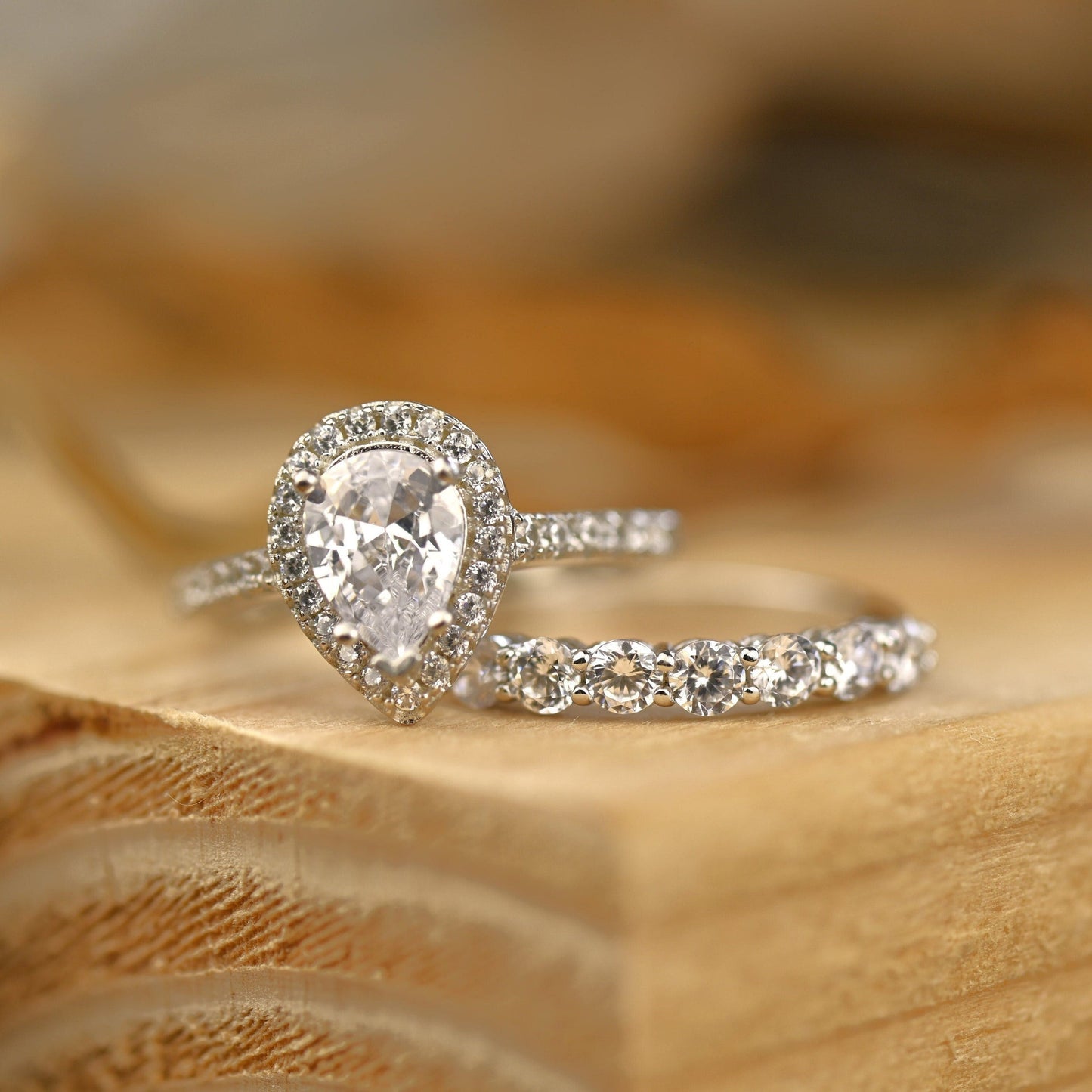 Halo Bridal Ring Set with 1.0 CT Pear Cut Moissanite
