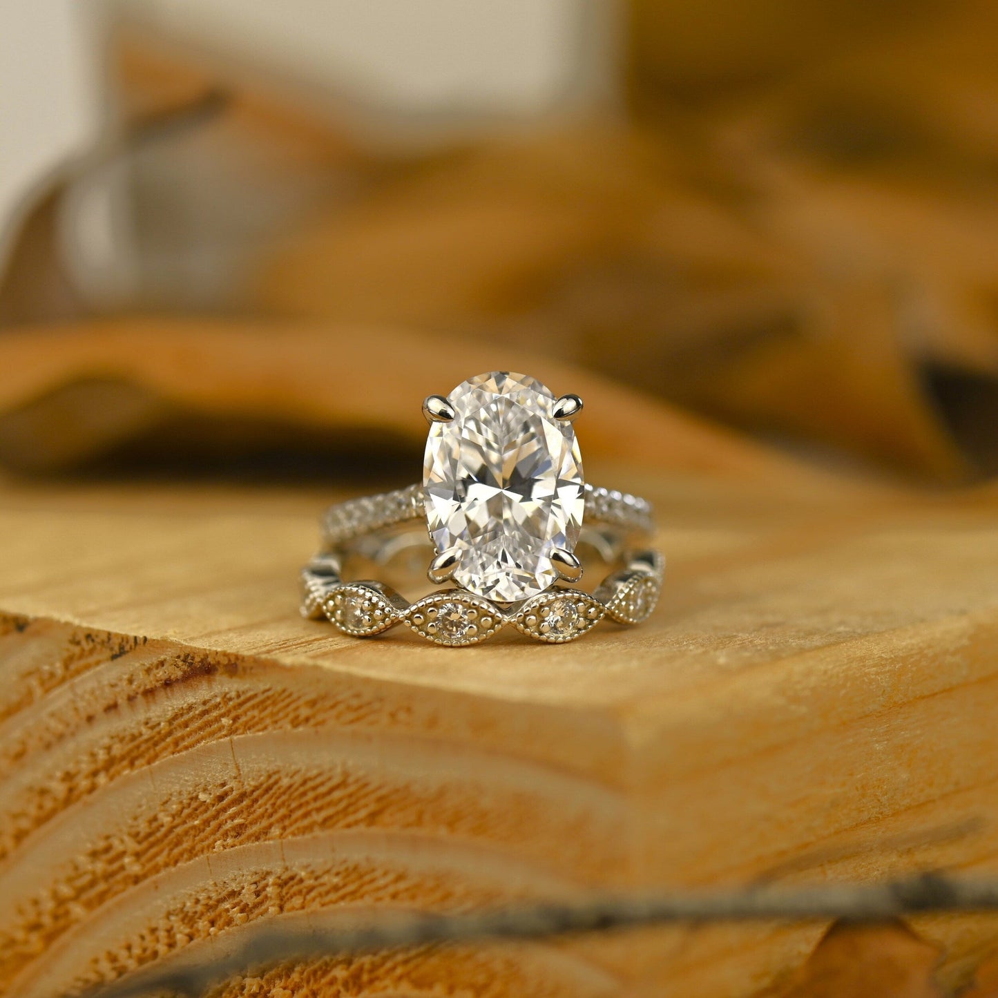 Pave Setting Bridal Ring Set with 2.0 CT Oval Cut Moissanite