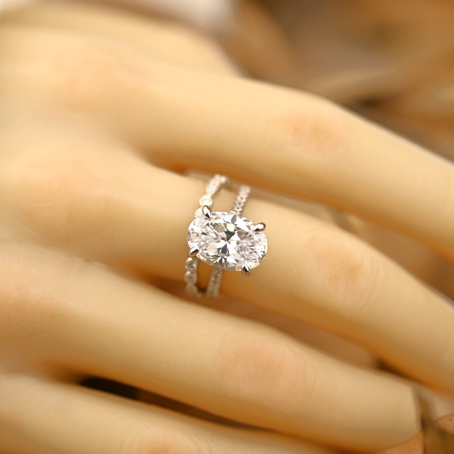 Pave Setting Bridal Ring Set with 2.0 CT Oval Cut Moissanite