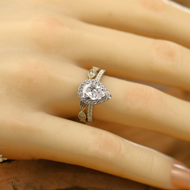Halo Bridal Ring Set with 1.0 CT Pear Cut Moissanite
