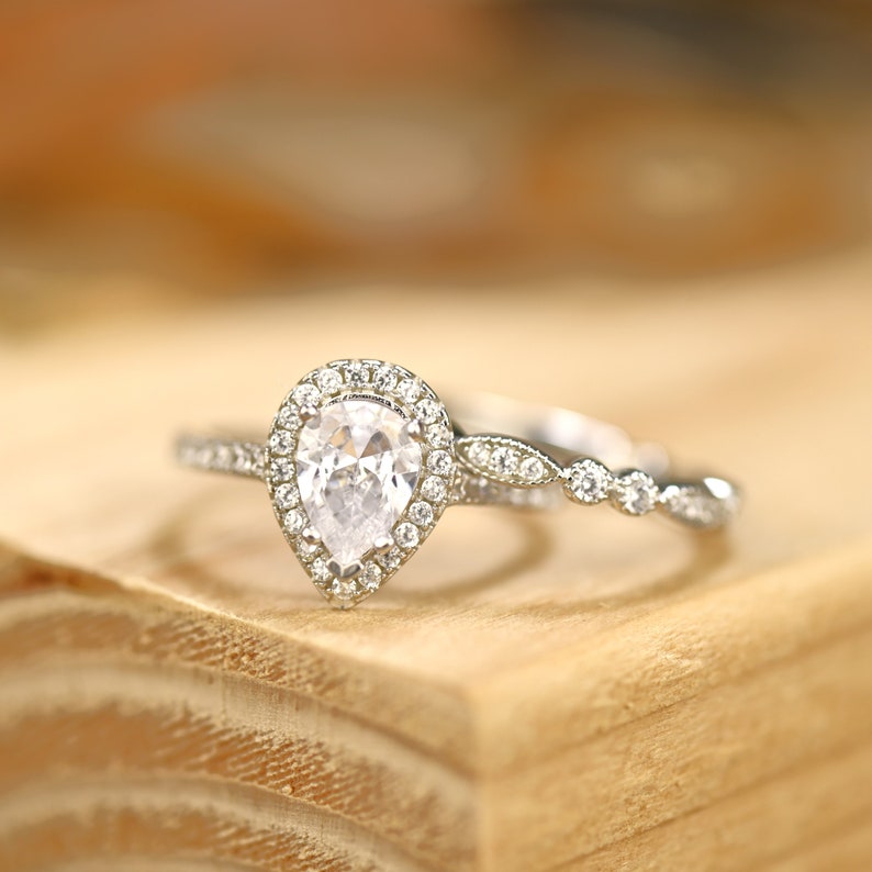 Halo Bridal Ring Set with 2.0 CT Pear Cut Moissanite