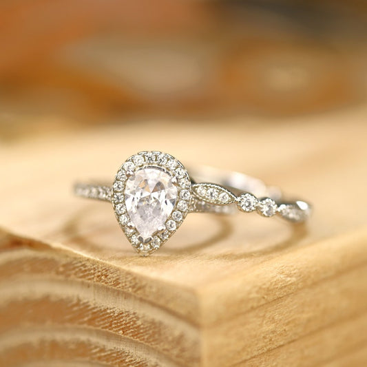 Halo Bridal Ring Set with 2.0 CT Pear Cut Moissanite