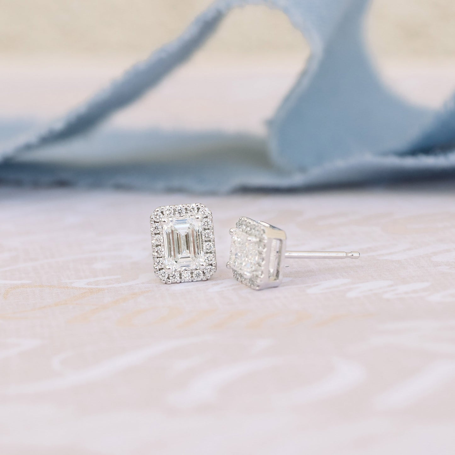 Halo Stud Earrings with 1.25 CT-1.75 CT Emerald Cut Moissanite