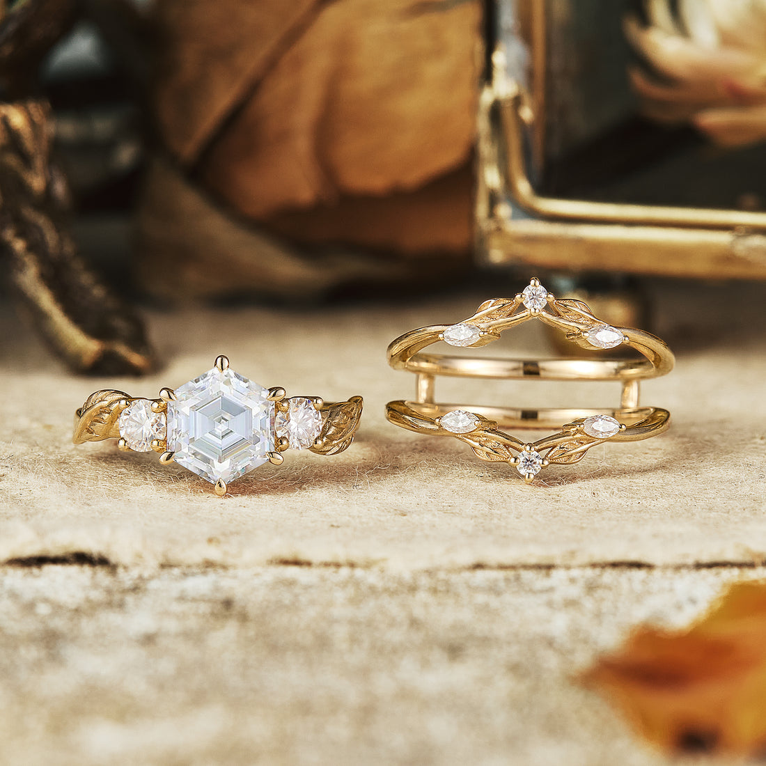 1.0 CT Hexagon Shaped Moissanite Diamond Bridal Set With Vintage Setting