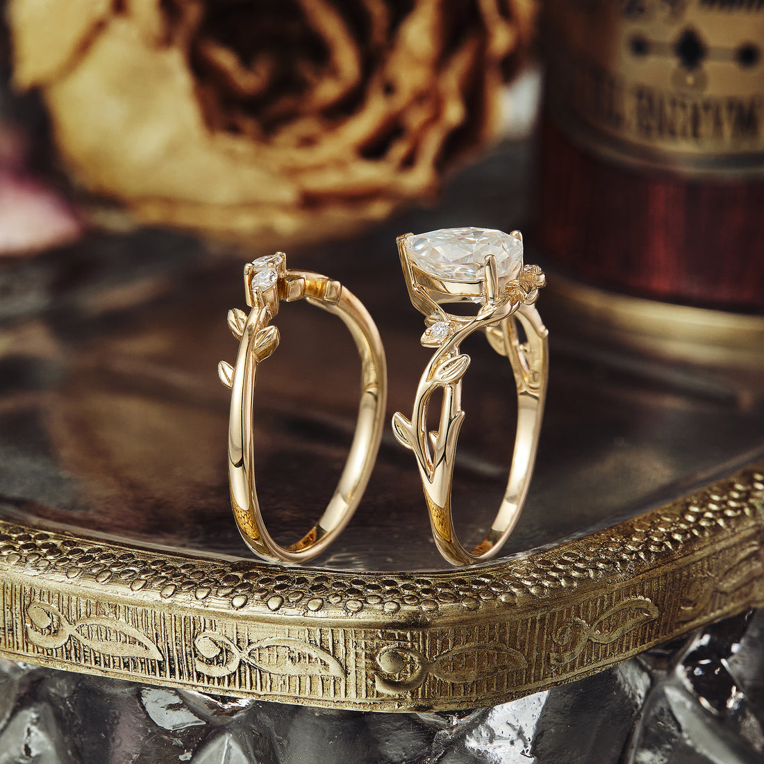 Pear shaped moissanite diamond bridal set with vintage setting