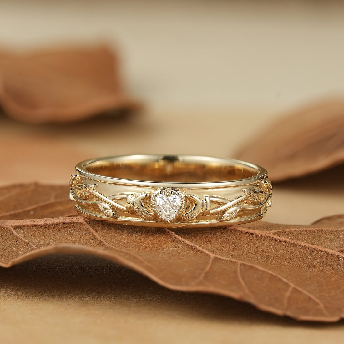 Timeless Romance: Heart-Shaped Moissanite Leaf Wedding Band