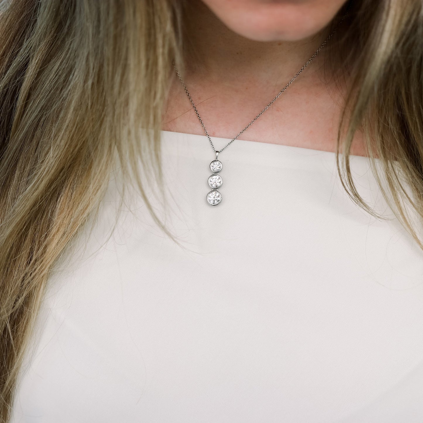 Triple Bezel Necklace with 0.60 TCW Round Cut Moissanite