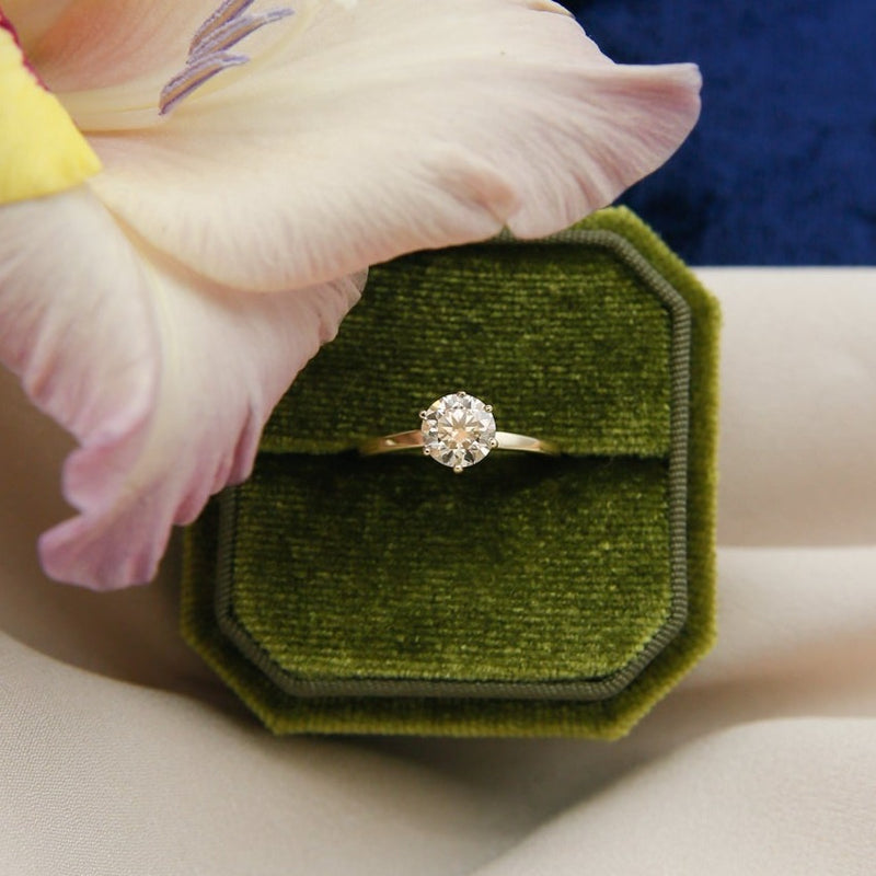 Classic solitaire engagement ring with round cut moissanite stone