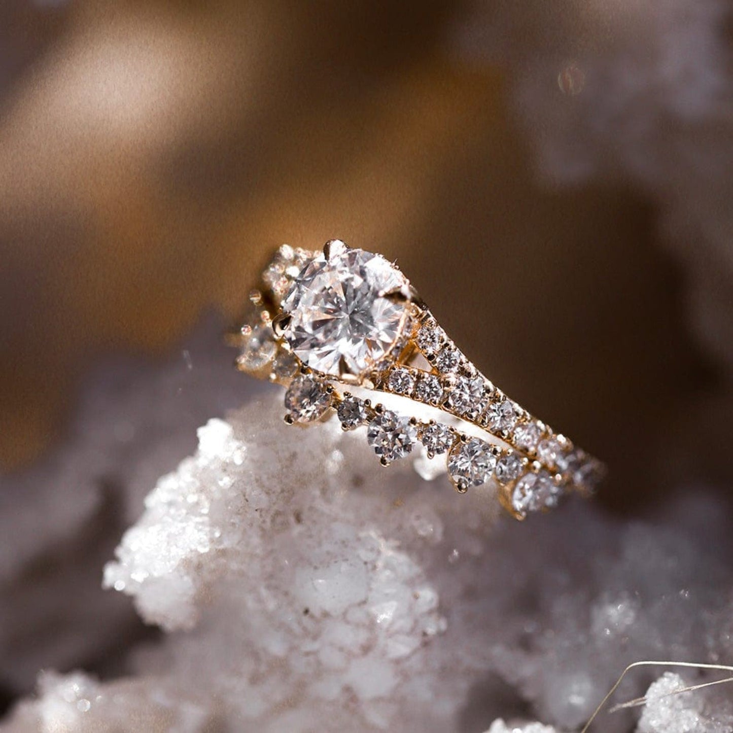 Round moissanite split shank pave engagement ring with brilliant sparkle