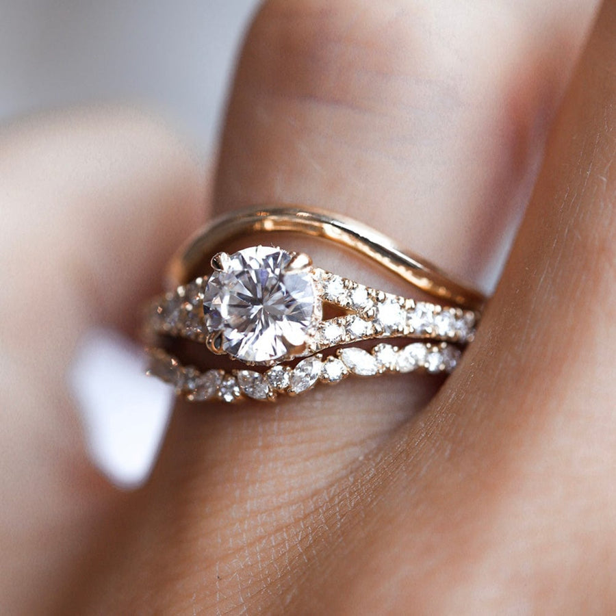 Round moissanite split shank pave engagement ring with brilliant sparkle