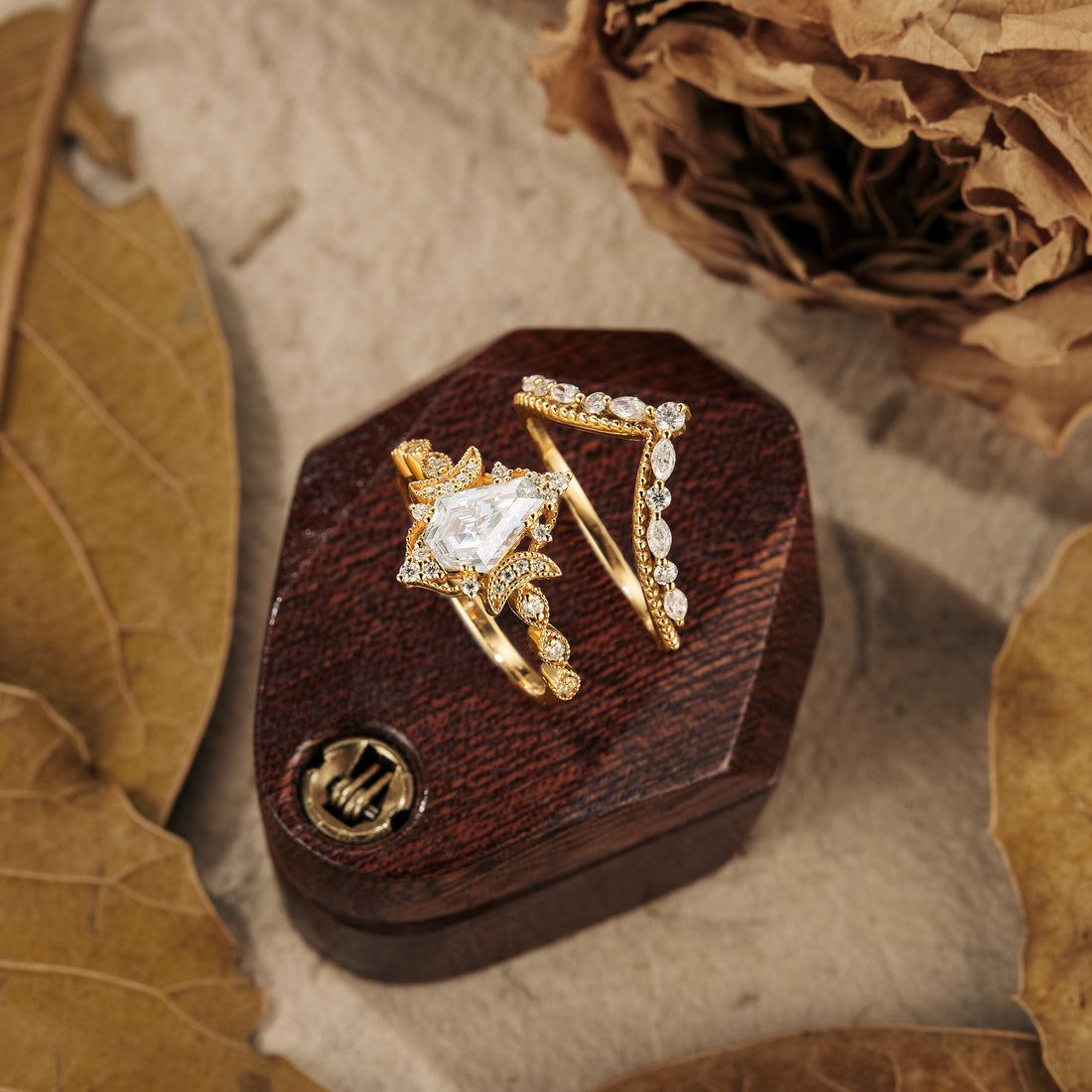 Kite shaped moissanite diamond bridal set with vintage setting