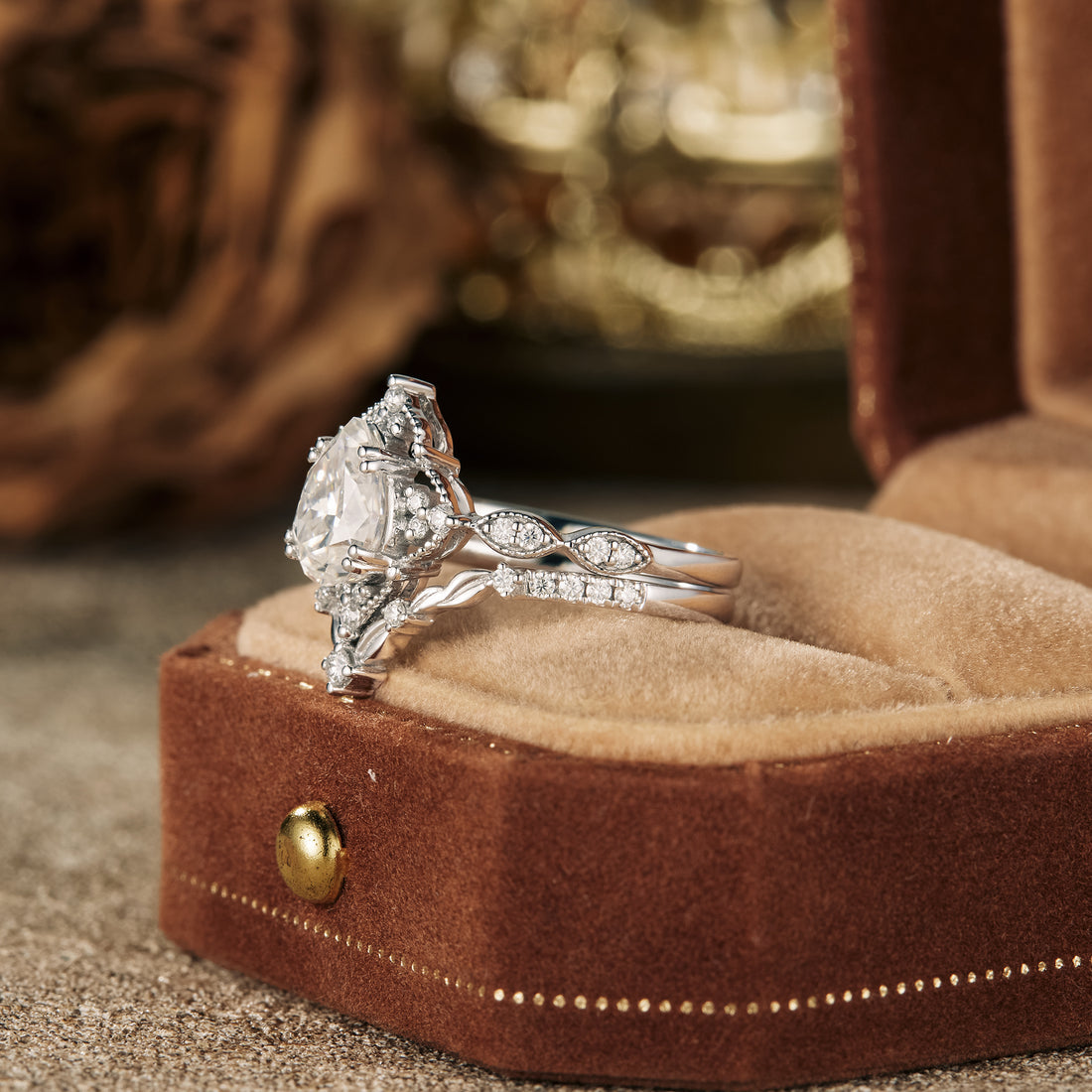 1.25 CT Pear Shaped Moissanite Diamond Bridal Set With Vintage Setting