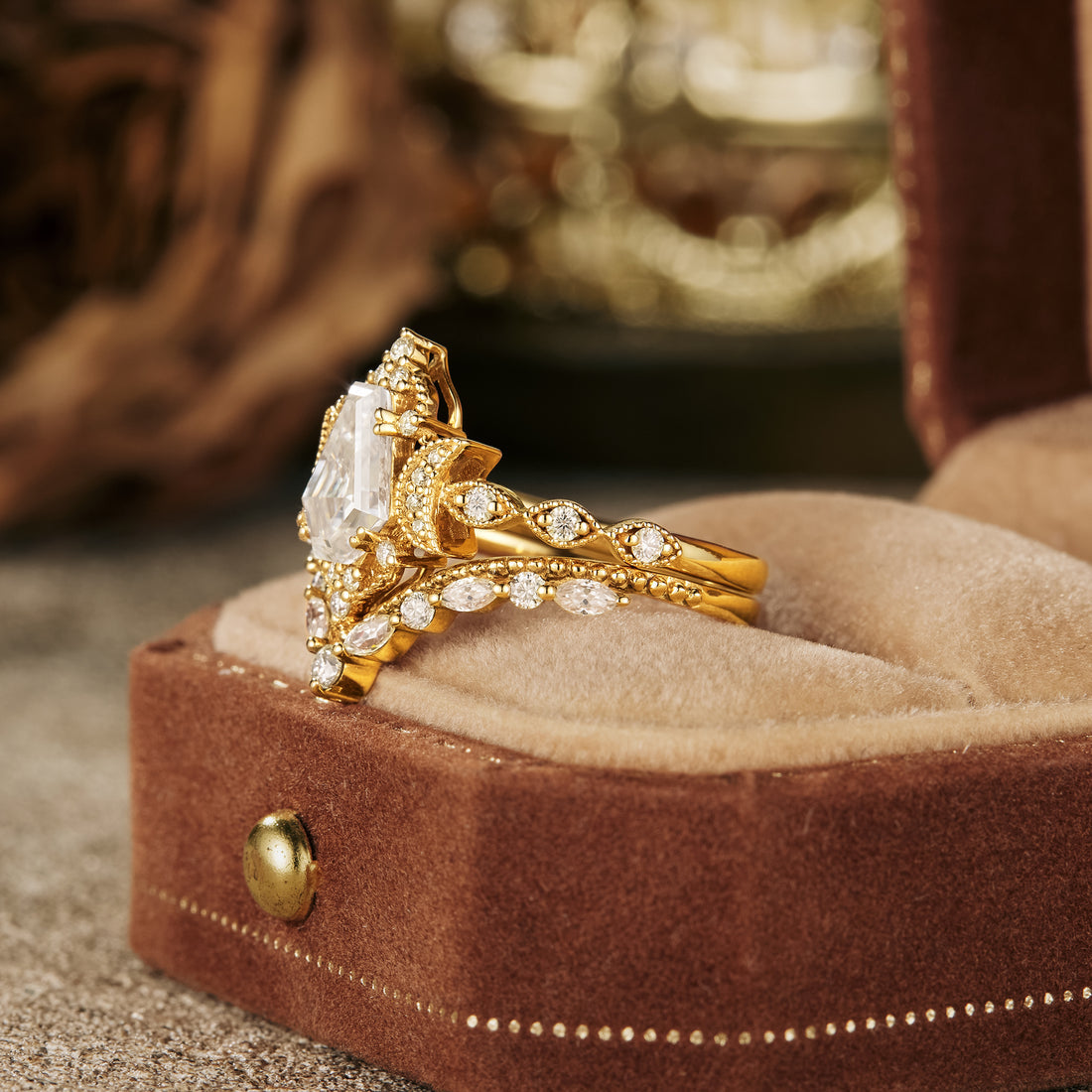 Kite shaped moissanite diamond bridal set with vintage setting