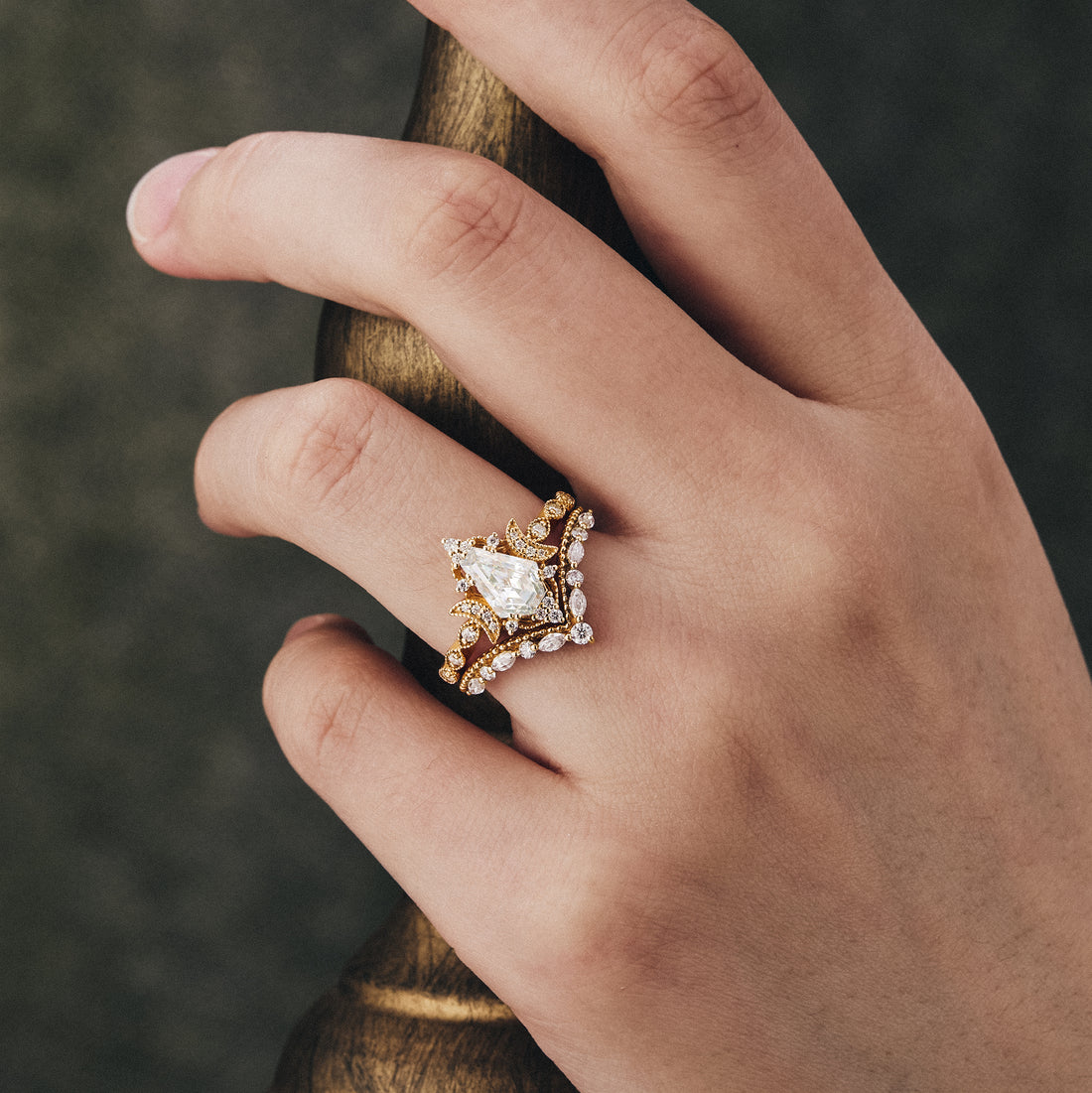 Kite shaped moissanite diamond bridal set with vintage setting