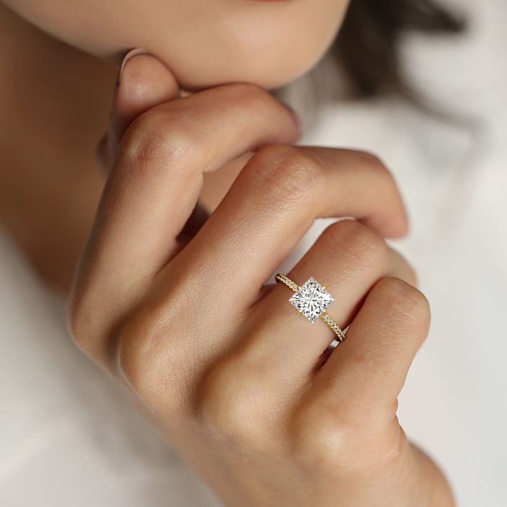 Hidden Halo & Pave Ring with 1.20 CT Princess Cut Moissanite