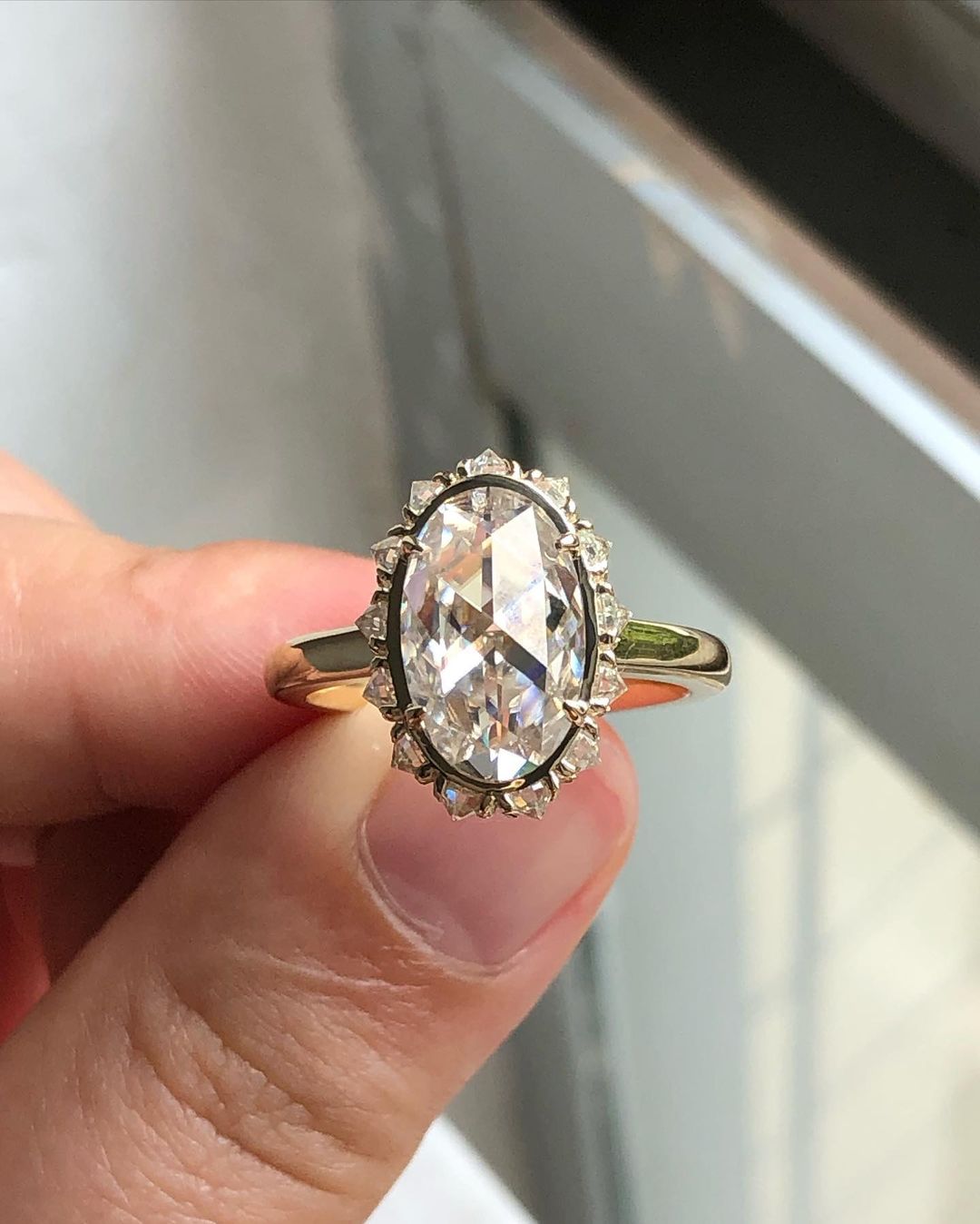Bezel Unique Halo Ring with 3.50 CT Rose Cut Oval Moissanite