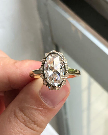 Bezel Unique Halo Ring with 3.50 CT Rose Cut Oval Moissanite
