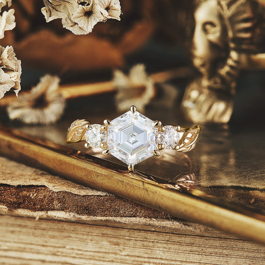 Moissanite diamond hexagon shape vintage engagement ring