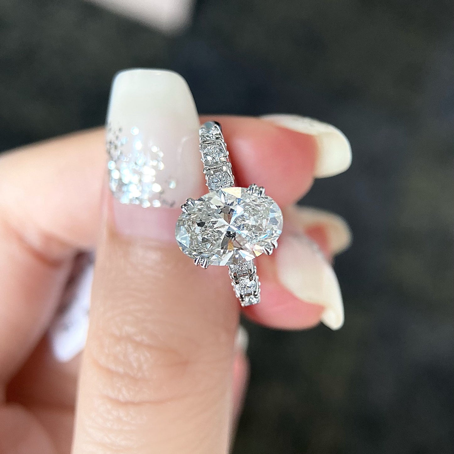 Oval cut CVD diamond pave style engagement ring