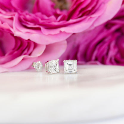 Solitaire Stud Earrings with 1.0 CT-3.0 CT Asscher Cut Moissanite
