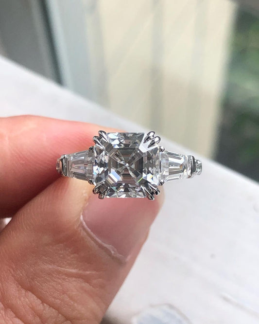 Three Stones Ring with 2.03 CT Asscher Cut Moissanite