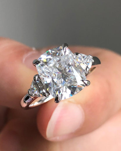 Three Stones Ring with 2.66 CT Elongated Cushion Cut Moissanite