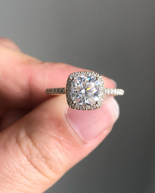 Halo & Pave Ring with 1.17 CT Cushion Cut Moissanite