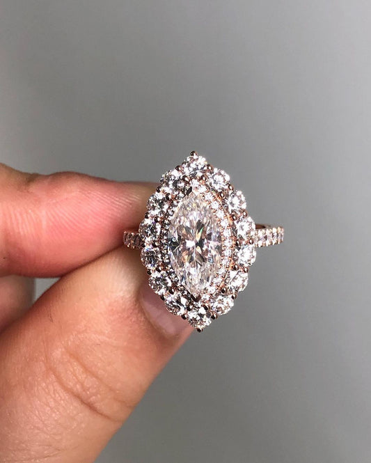 Halo & Pave Ring with 1.0 CT Marquise Cut Moissanite