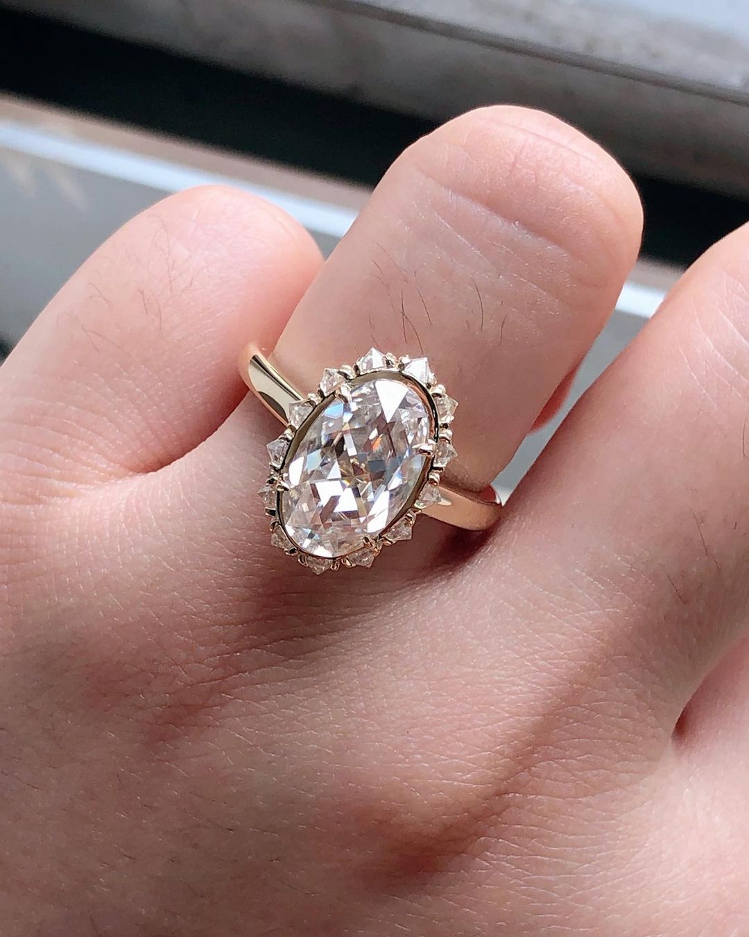 Bezel Unique Halo Ring with 3.50 CT Rose Cut Oval Moissanite