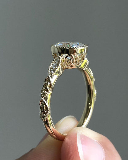 Milgrain Style Pave Ring with 1.33 CT Crushed Ice Oval Cut Moissanite