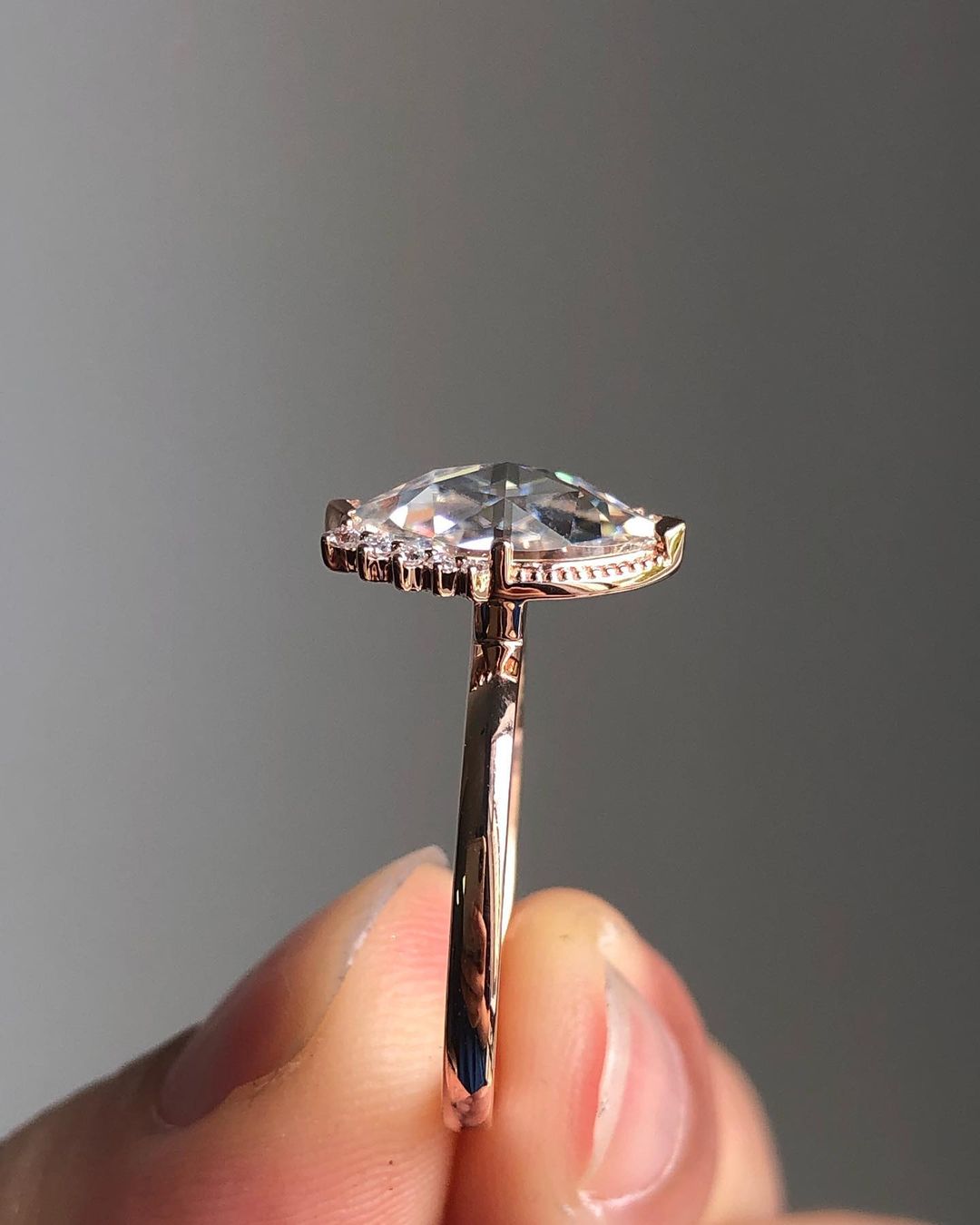 Half Halo Ring with 1.0 CT Rose Cut Marquise Cut Moissanite