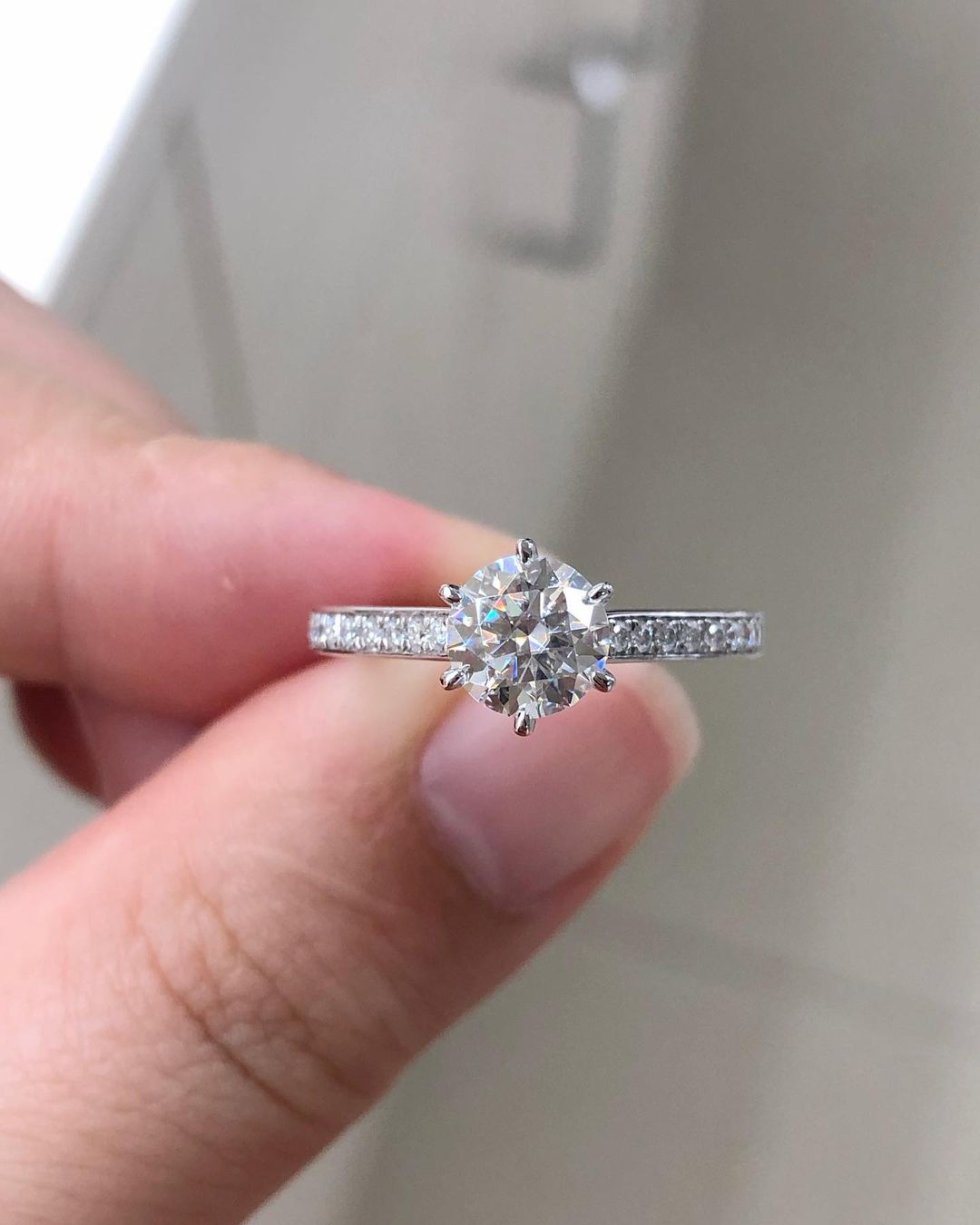 Pave Ring with 1.0 CT Round Cut Moissanite