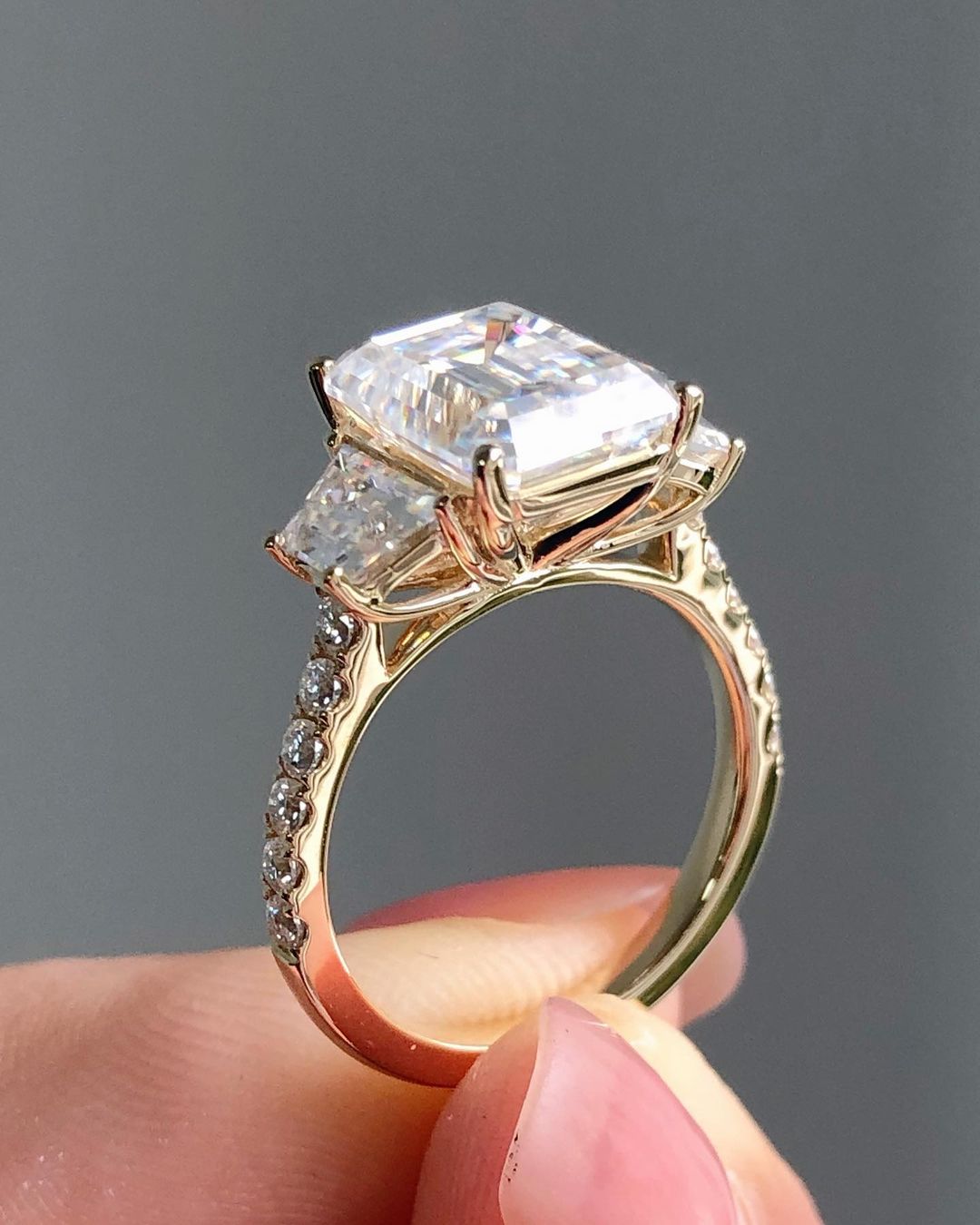 Three Stones & Pave Setting Ring with 3.24 CT Emerald Cut Moissanite