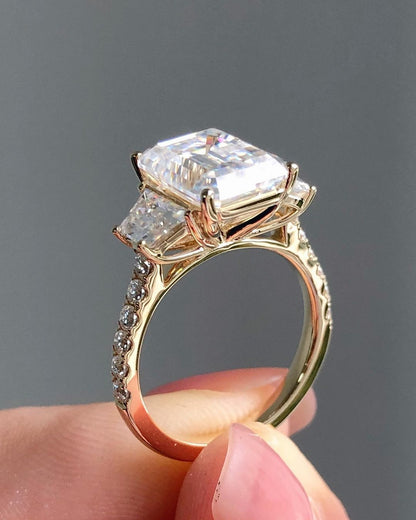Three Stones & Pave Setting Ring with 3.24 CT Emerald Cut Moissanite