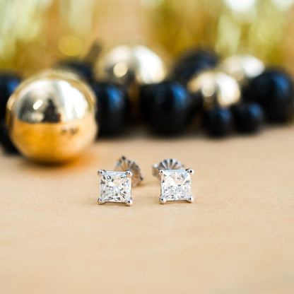 Solitaire Stud Earrings with 1.0 CT-3.0 CT Princess Cut Moissanite
