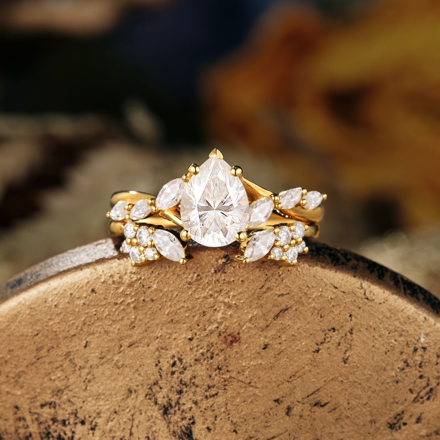 Pear moissanite diamond bridal set with twisted setting