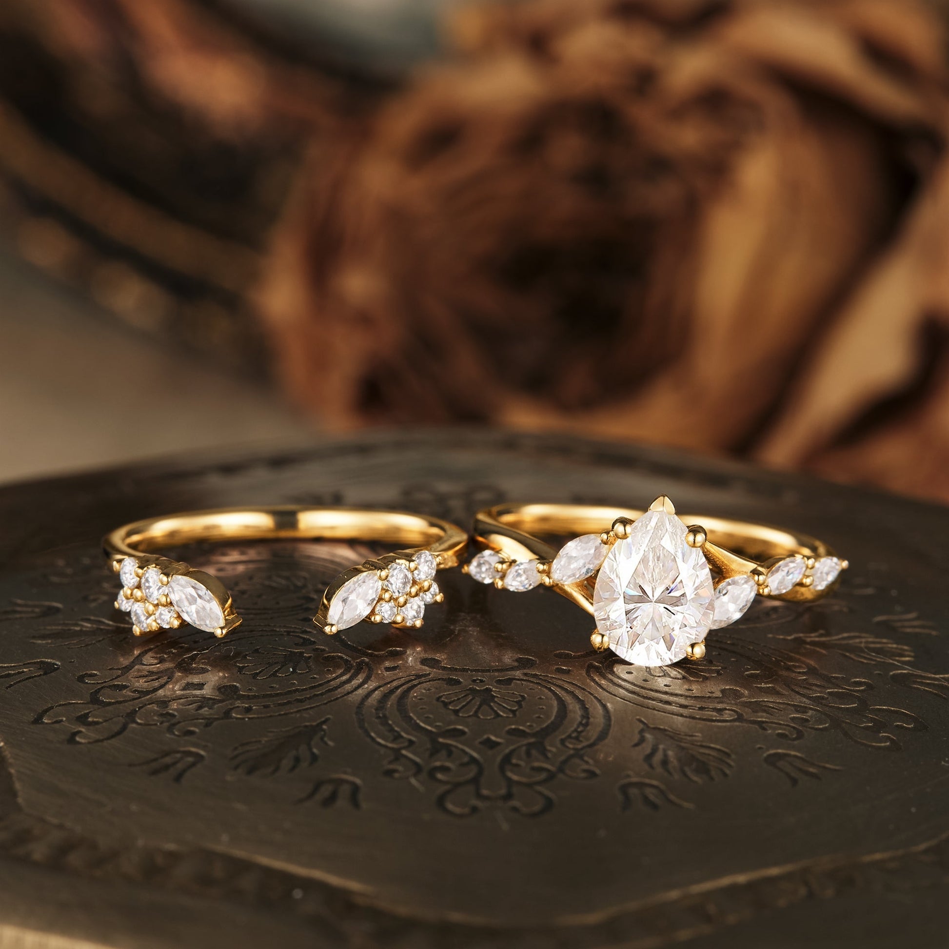 Pear moissanite diamond bridal set with twisted setting