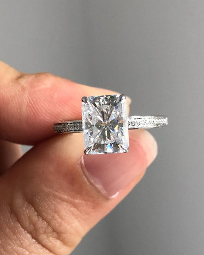 Hidden Halo & Pave Ring with 2.43 CT Radiant Cut Moissanite