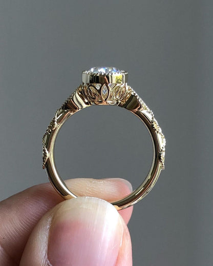 Milgrain Style Pave Ring with 1.33 CT Crushed Ice Oval Cut Moissanite