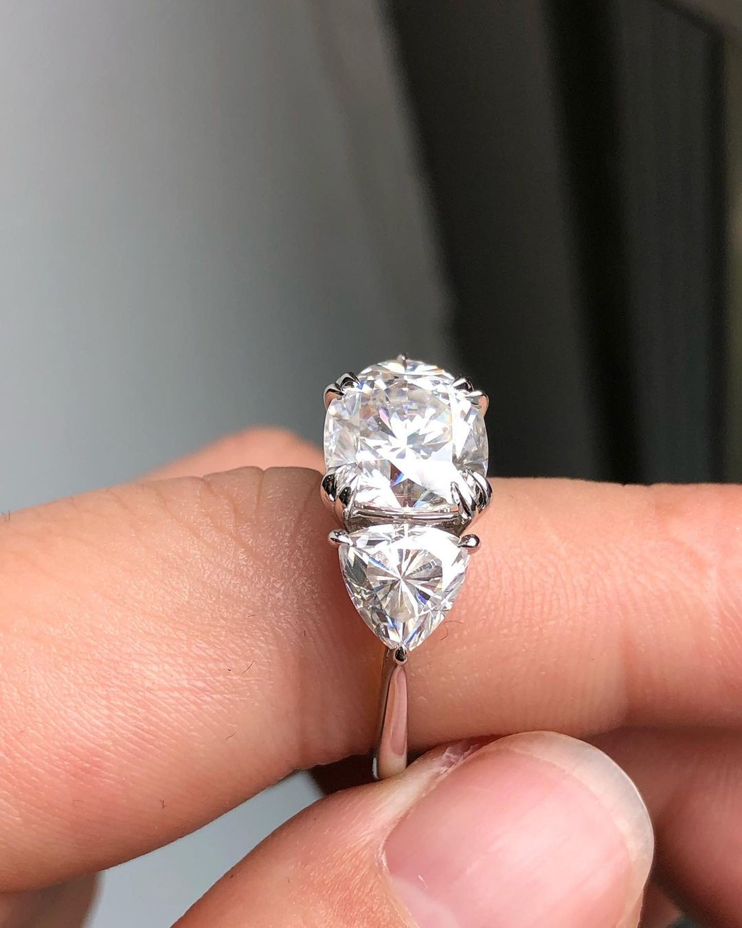 Three Stones Ring with 2.10 CT Cushion Cut Moissanite