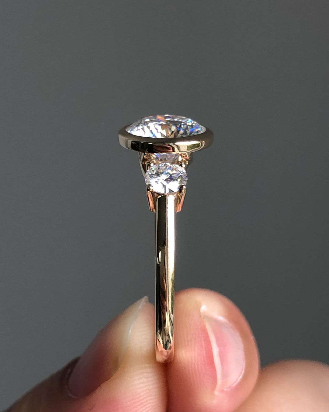Bezel Three Stones Ring with 2.20 CT Round Portuguese Cut Moissanite