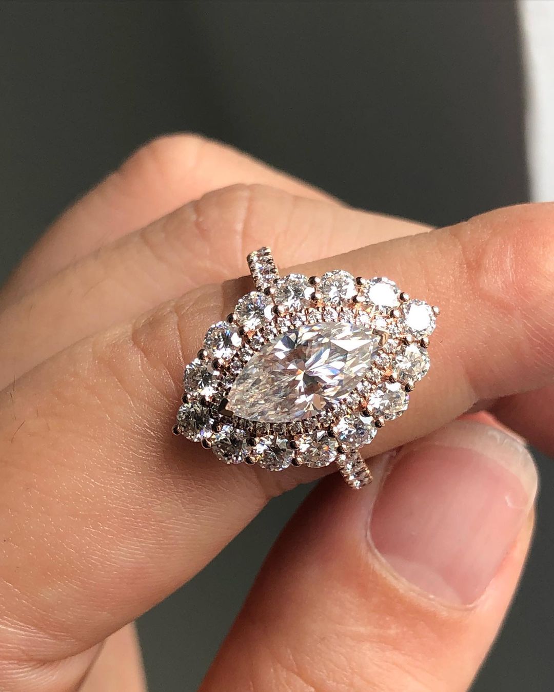 Halo & Pave Ring with 1.0 CT Marquise Cut Moissanite