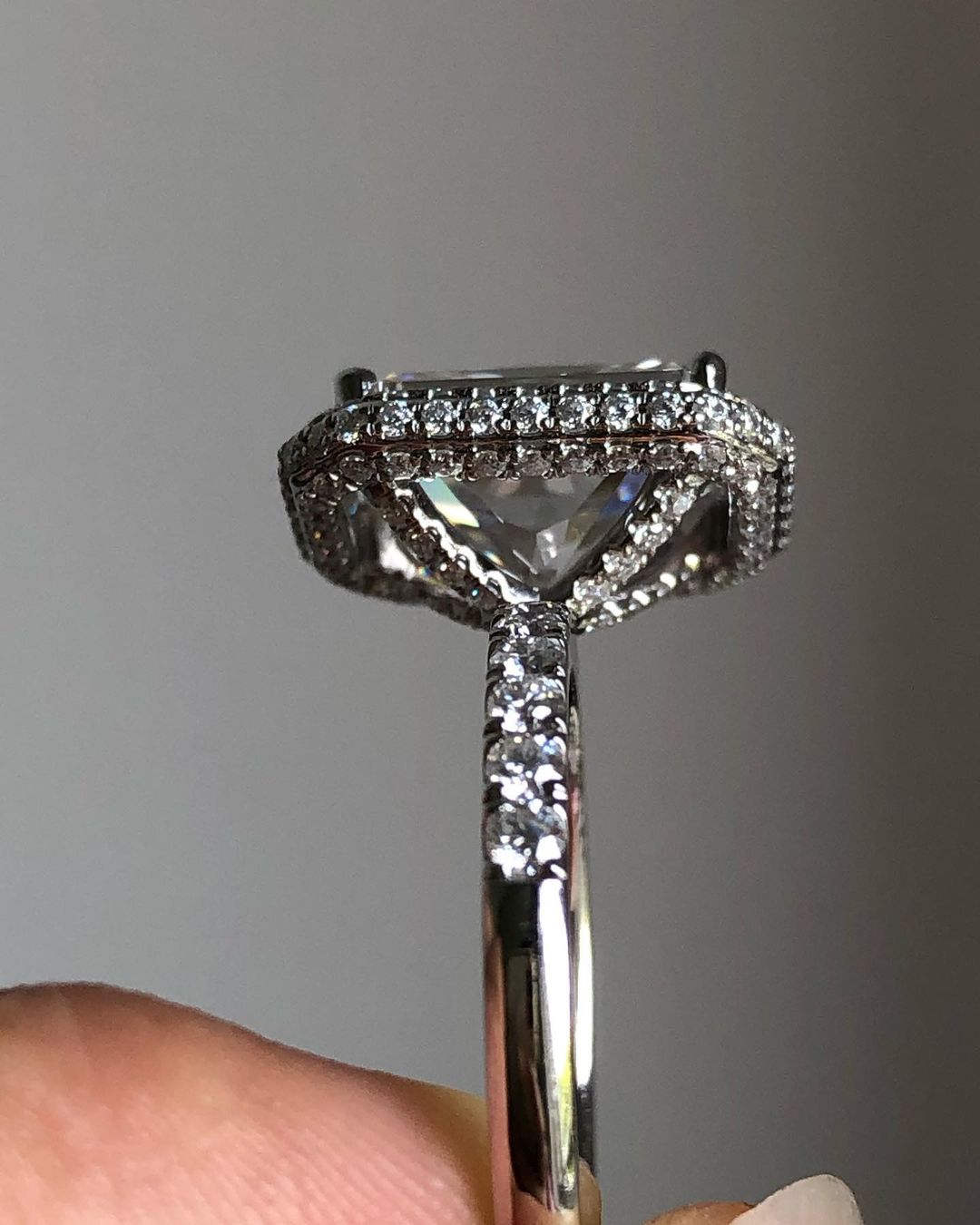Halo & Pave Ring with 2.10 CT Radiant Cut Moissanite