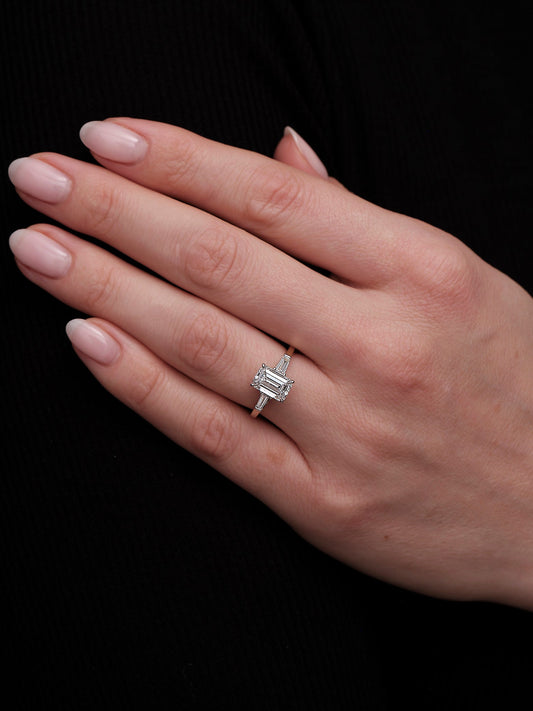 Three Stone Ring with 2.0 CT Emerald Cut Moissanite