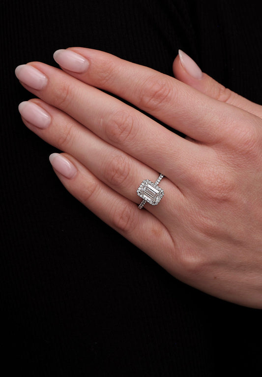 Halo Ring with 2.0 CT Emerald Cut Moissanite